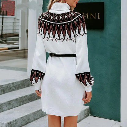 High Neck Women's Knit Dress with Ethnic Style