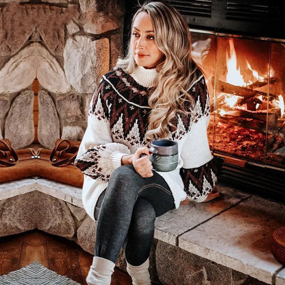 High Neck Women's Knit Dress with Ethnic Style