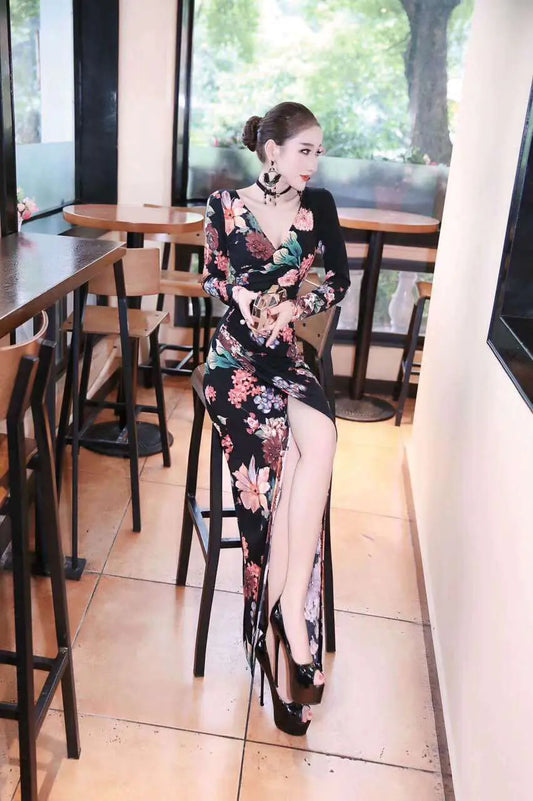 Plus Size Long Sleeve Printed Dress with Slit