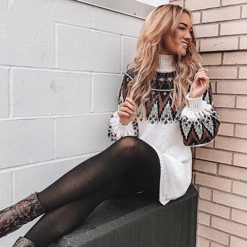 High Neck Women's Knit Dress with Ethnic Style